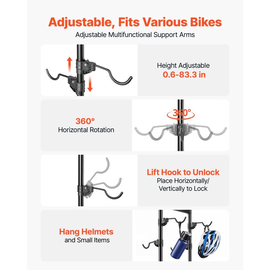 VEVOR Bike Stand for 4 Bikes, Freestanding Vertical Bike Storage Rack, with Height-Adjustable Hooks, Heavy-Duty Carbon Steel Garage Bicycle Floor Stand, Ideal for Garage, Apartment, Home, Black