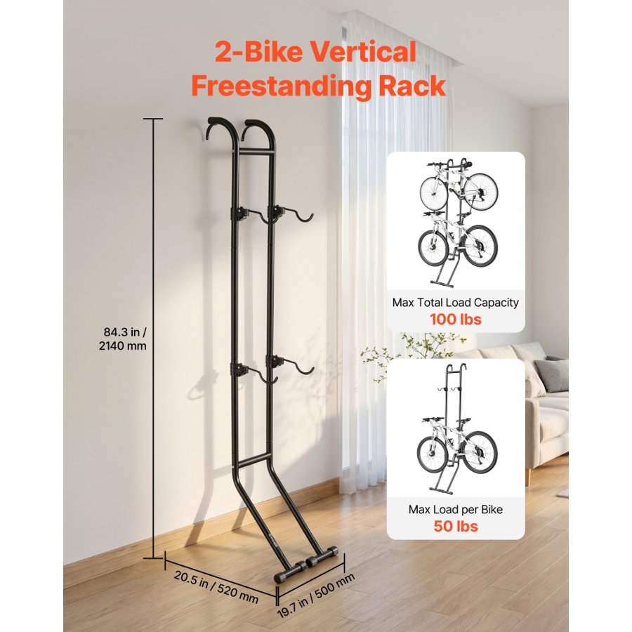 VEVOR Bike Stand for 2 Bikes, Freestanding Vertical Bike Storage Rack, with Height-Adjustable Hooks, Heavy-Duty Carbon Steel Standing Bicycle Floor Stand, Ideal for Garage, Apartment, Home, Black