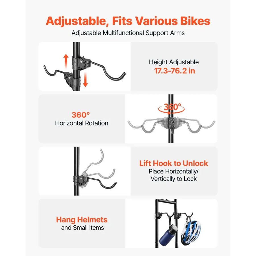 VEVOR Bike Stand for 2 Bikes, Freestanding Vertical Bike Storage Rack, with Height-Adjustable Hooks, Heavy-Duty Carbon Steel Standing Bicycle Floor Stand, Ideal for Garage, Apartment, Home, Black