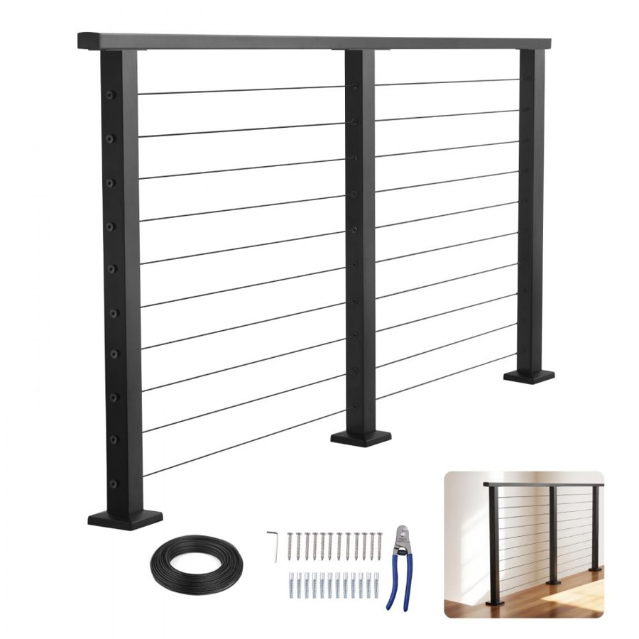 VEVOR 198 cm Complete Cable Railing Kit with Post, 89 cm Tall Matte Black Stainless Steel Handrail Cuttable for Outdoor/Indoor Steps, Level Hole Drilled Railing Posts System for Stairs,Deck,Balcony