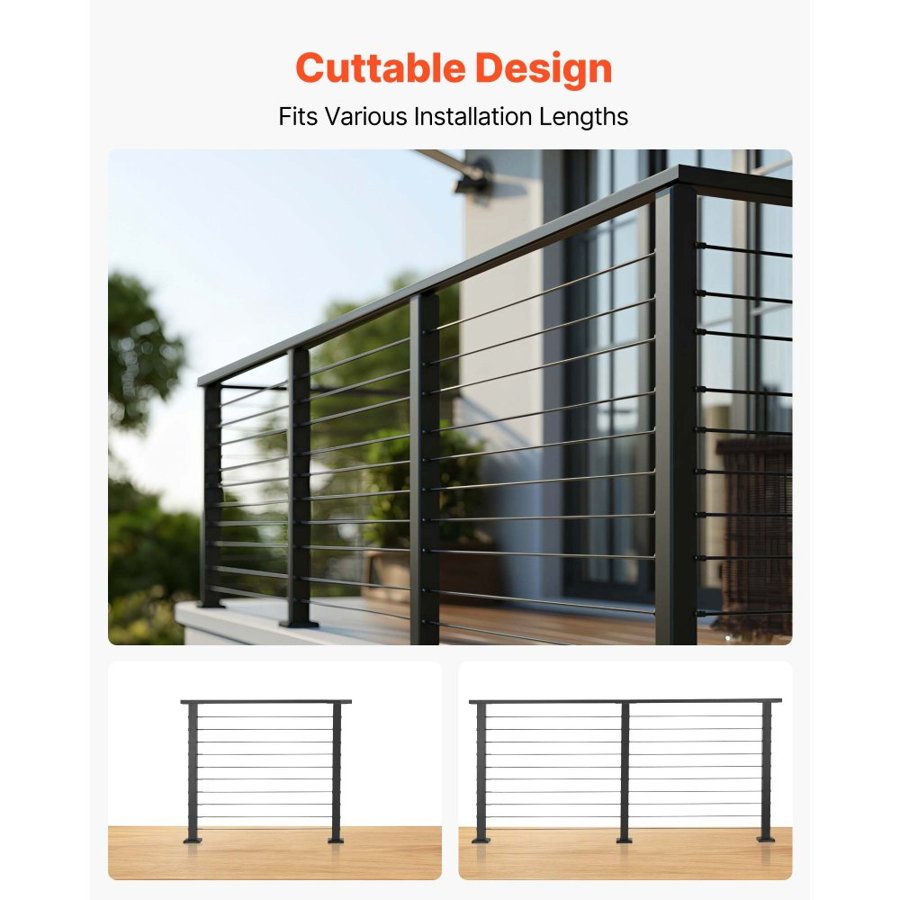 VEVOR 198 cm Complete Cable Railing Kit with Post, 89 cm Tall Matte Black Stainless Steel Handrail Cuttable for Outdoor/Indoor Steps, Level Hole Drilled Railing Posts System for Stairs,Deck,Balcony