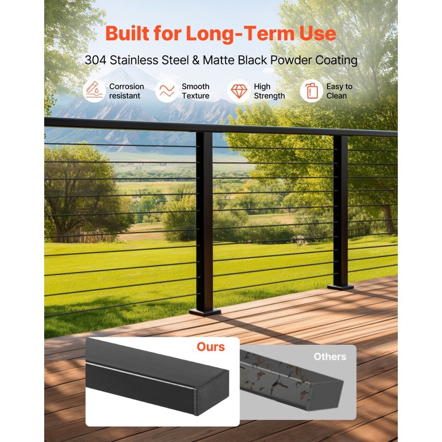 VEVOR 198 cm Complete Cable Railing Kit with Post, 89 cm Tall Matte Black Stainless Steel Handrail Cuttable for Outdoor/Indoor Steps, Level Hole Drilled Railing Posts System for Stairs,Deck,Balcony