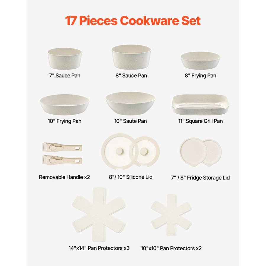 VEVOR 17 Piece Pots and Pans Set Nonstick, Detachable Handle Cookware, Space Saving Induction cookware set, Kitchen RV Cooking Sets, with Frying, Sauce, Saute, Tempered Glass Lids, Oven Safe, White