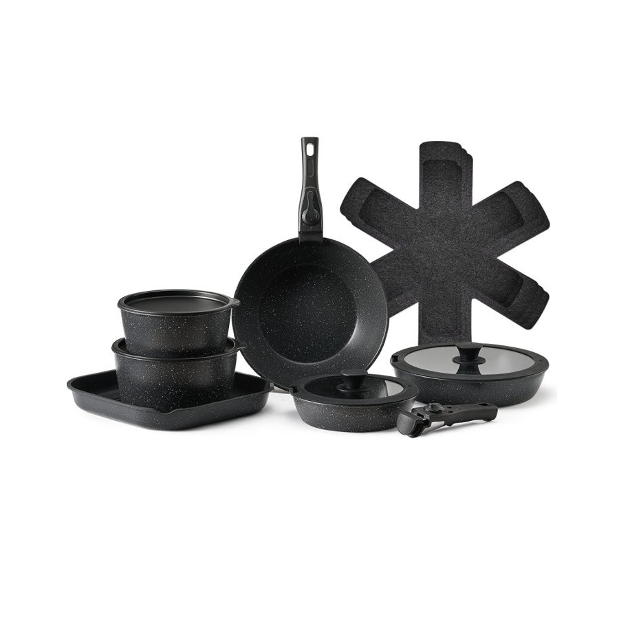 VEVOR 17 Piece Pots and Pans Set, Granite Nonstick Detachable Handle Cookware, Space Saving Induction Cookwares, Kitchen RV Cooking Sets with Frying, Sauce, Saute, Tempered Glass Lid, Oven Safe, Black