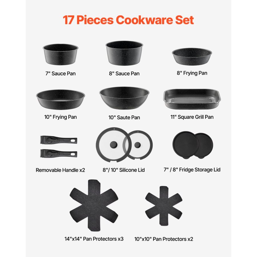 VEVOR 17 Piece Pots and Pans Set, Granite Nonstick Detachable Handle Cookware, Space Saving Induction Cookwares, Kitchen RV Cooking Sets with Frying, Sauce, Saute, Tempered Glass Lid, Oven Safe, Black