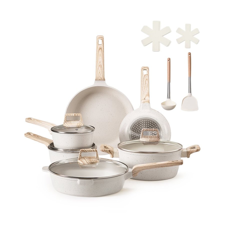 VEVOR 17 Piece Pots and Pans Set, Granite Nonstick Cookware Set, Induction Cookwares, Kitchen RV Cooking Sets with Frying, Sauce, Saute, Tempered Glass Lids, and Pan Protectors, White