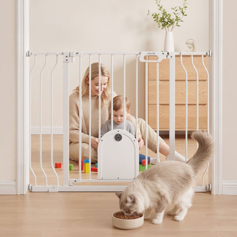 VEVOR Baby Gate for Stairs, 75-111 cm Adjustable Width, Baby Gate with Adjustable Cat Door, with Pressure Mount Kit and Wall Mount Kit, Secure Metal Pet Door for Stairs, Doorways, and House, White