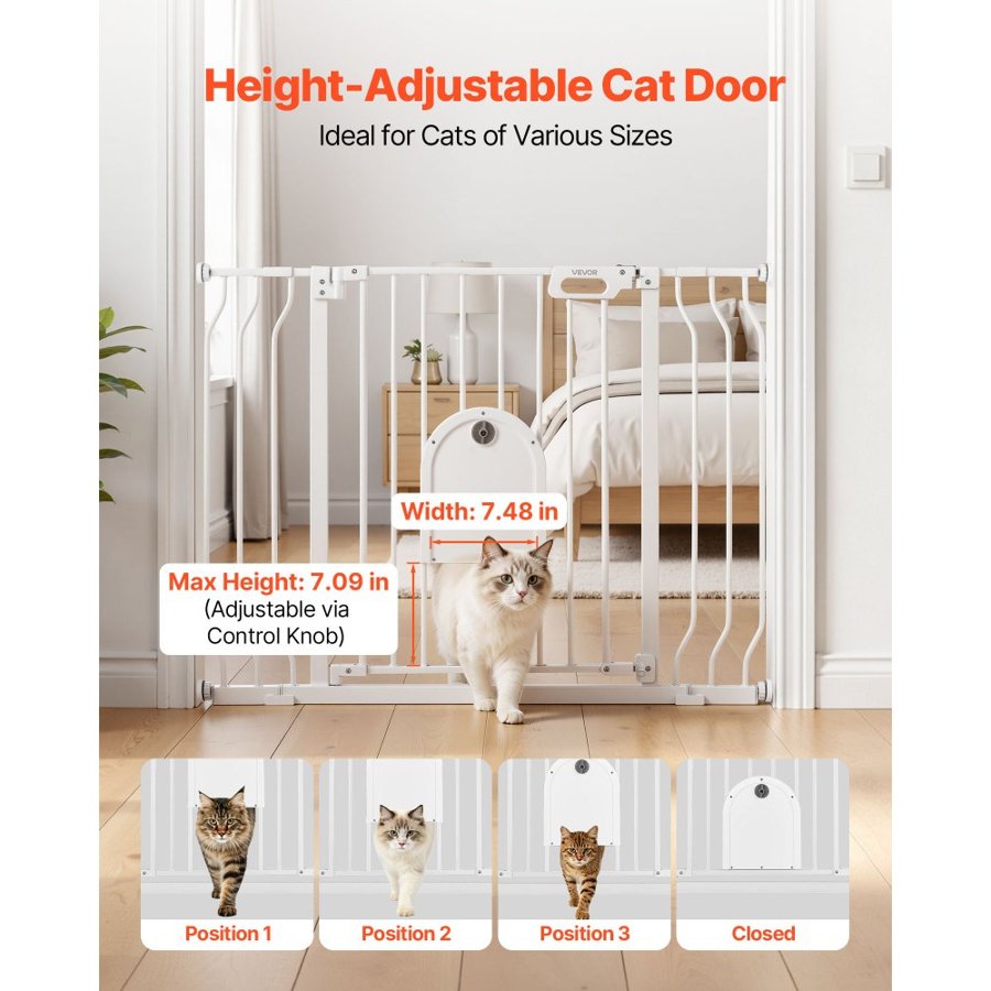 VEVOR Baby Gate for Stairs, 75-111 cm Adjustable Width, Baby Gate with Adjustable Cat Door, with Pressure Mount Kit and Wall Mount Kit, Secure Metal Pet Door for Stairs, Doorways, and House, White