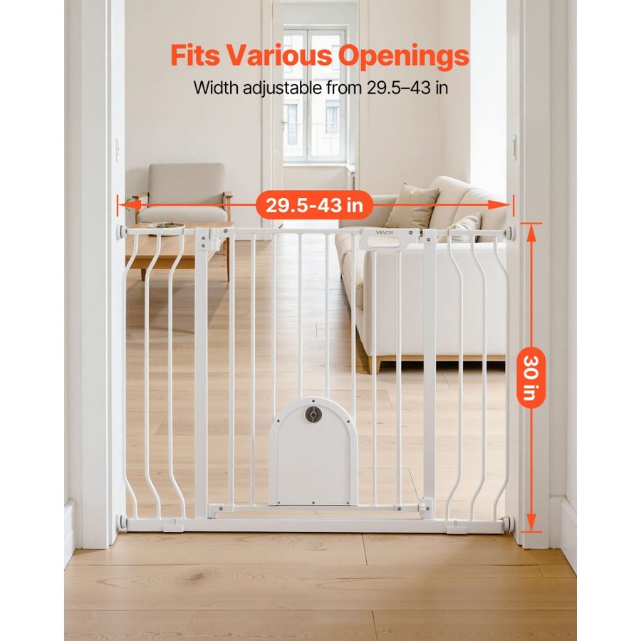 VEVOR Baby Gate for Stairs, 75-111 cm Adjustable Width, Baby Gate with Adjustable Cat Door, with Pressure Mount Kit and Wall Mount Kit, Secure Metal Pet Door for Stairs, Doorways, and House, White
