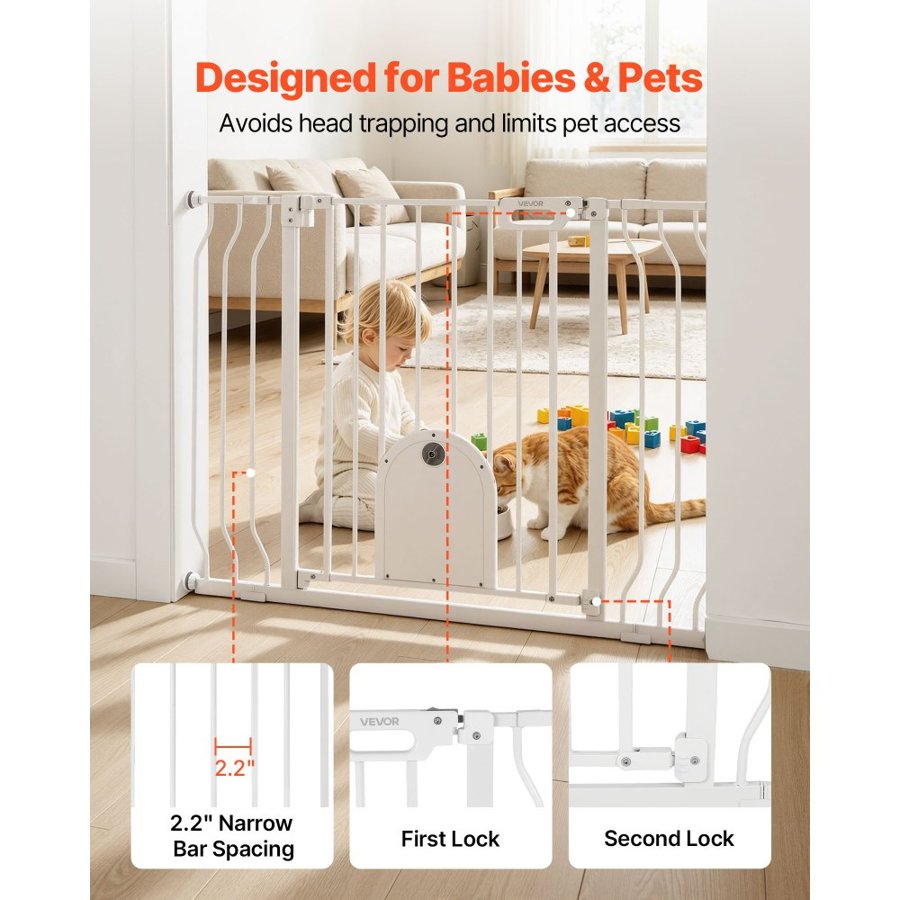 VEVOR Baby Gate for Stairs, 75-111 cm Adjustable Width, Baby Gate with Adjustable Cat Door, with Pressure Mount Kit and Wall Mount Kit, Secure Metal Pet Door for Stairs, Doorways, and House, White