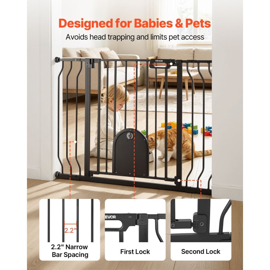 VEVOR Baby Gate with Cat Door – 75-111 cm Steel Build