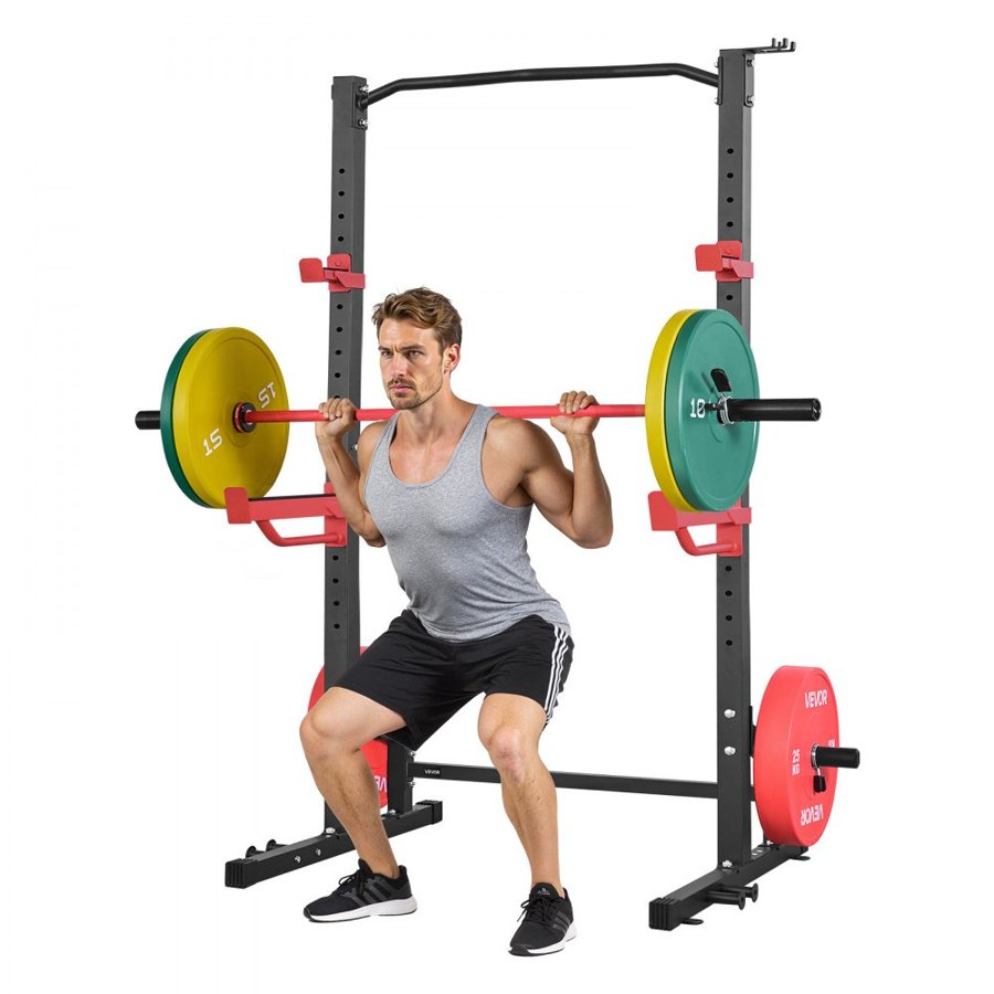 VEVOR Power Cage Squat Rack, Multifunctional Power Rack Home Gym, Strength Training Workout Equipment with 4 Band Pegs, Adjustable J-Hooks & Safety Bars for Barbell Squat Bench Press Pull-Up