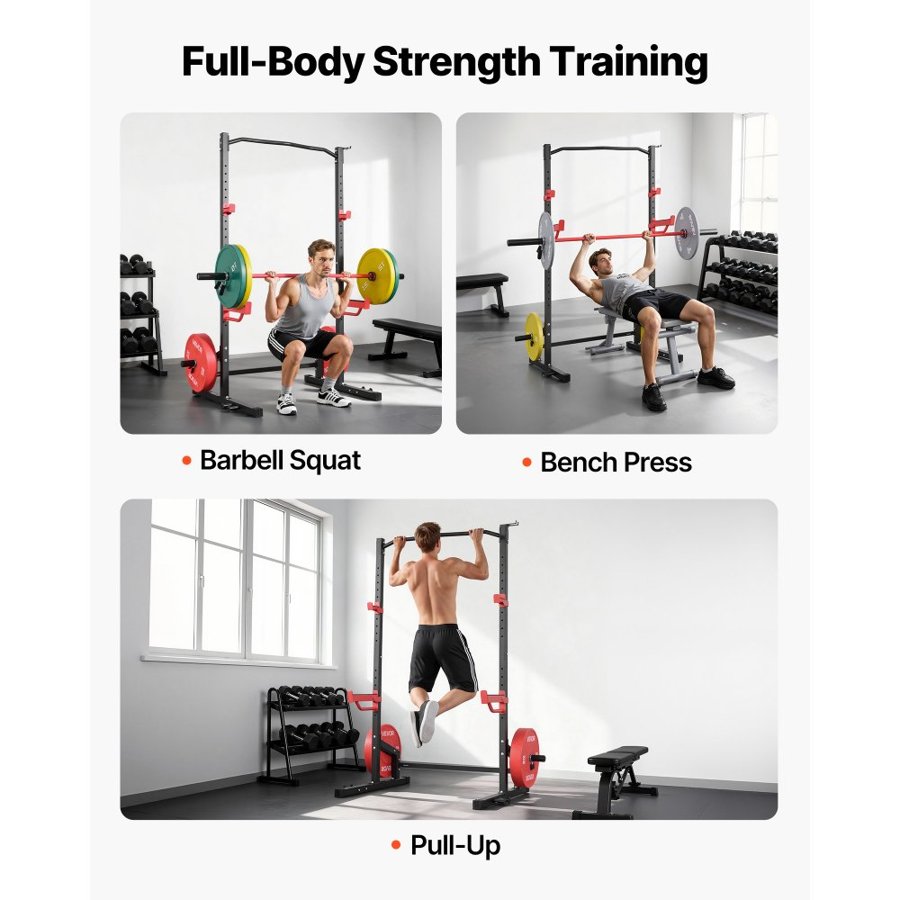 VEVOR Power Cage Squat Rack, Multifunctional Power Rack Home Gym, Strength Training Workout Equipment with 4 Band Pegs, Adjustable J-Hooks & Safety Bars for Barbell Squat Bench Press Pull-Up
