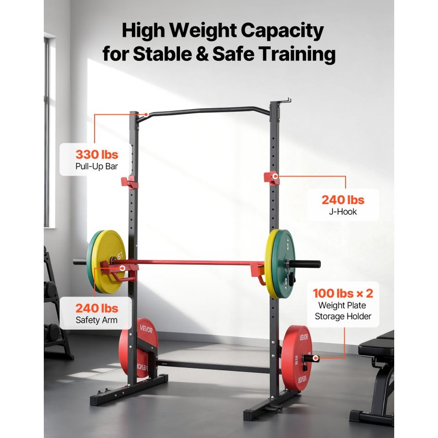 VEVOR Power Cage Squat Rack, Multifunctional Power Rack Home Gym, Strength Training Workout Equipment with 4 Band Pegs, Adjustable J-Hooks & Safety Bars for Barbell Squat Bench Press Pull-Up