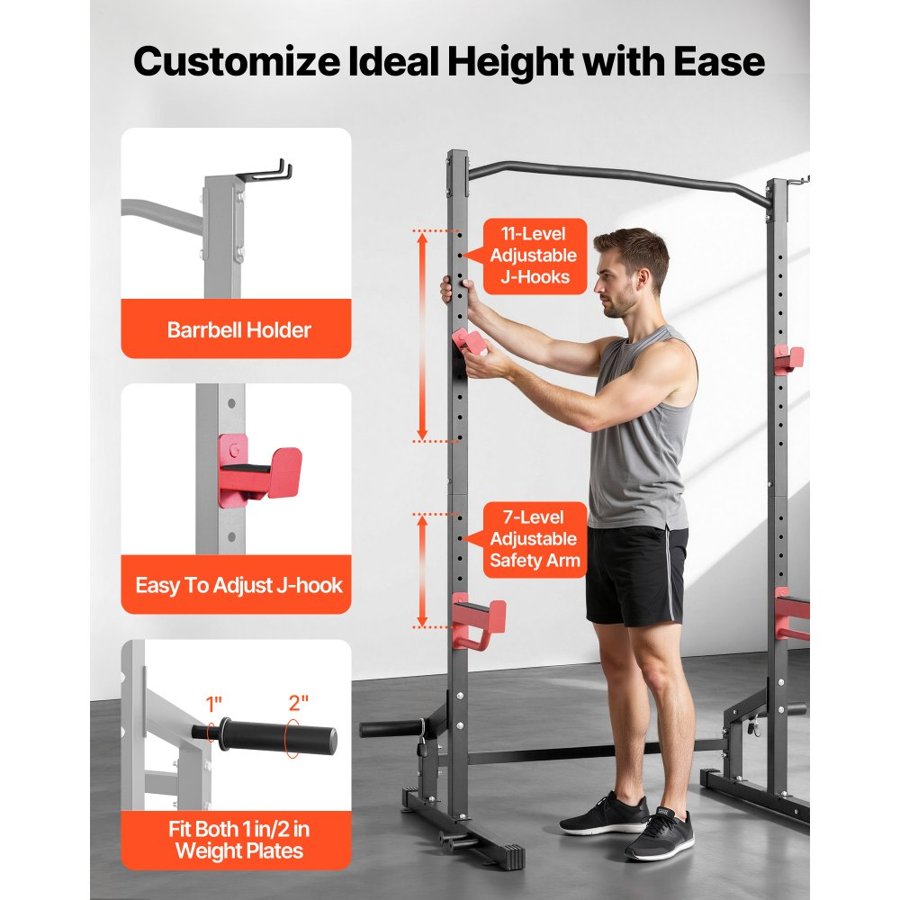VEVOR Power Cage Squat Rack, Multifunctional Power Rack Home Gym, Strength Training Workout Equipment with 4 Band Pegs, Adjustable J-Hooks & Safety Bars for Barbell Squat Bench Press Pull-Up