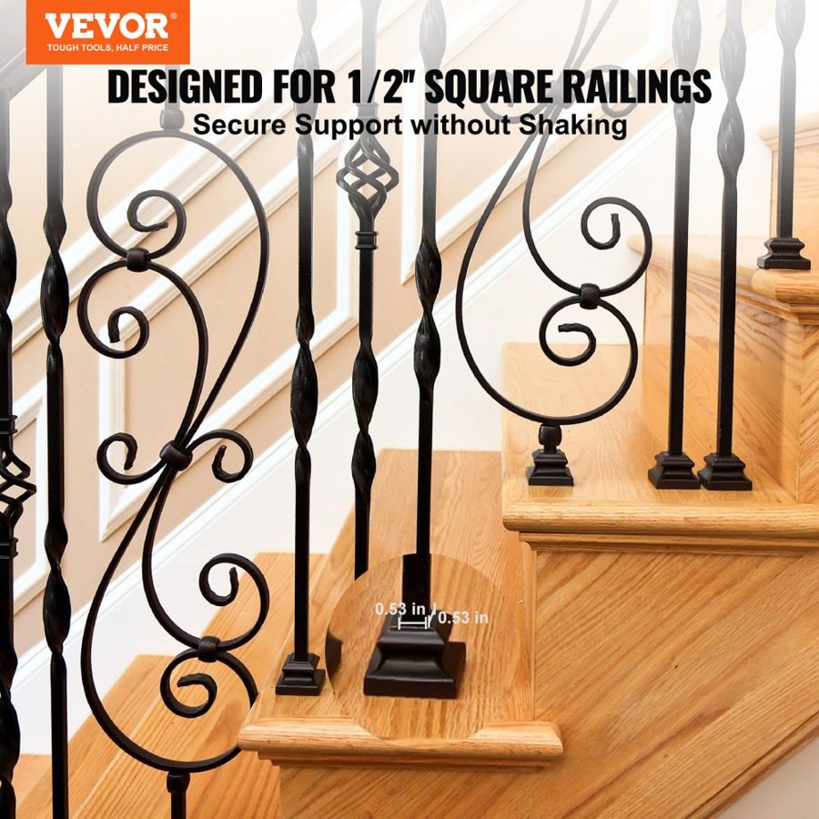 VEVOR Aluminum Alloy Baluster Shoes Stair Flat Shoe with Screw Holes for 1/2 Inch Square Scroll Basket Twist Knuckle Staircase Balusters Metal Spindle Railing, Satin Black (50 Pcs)