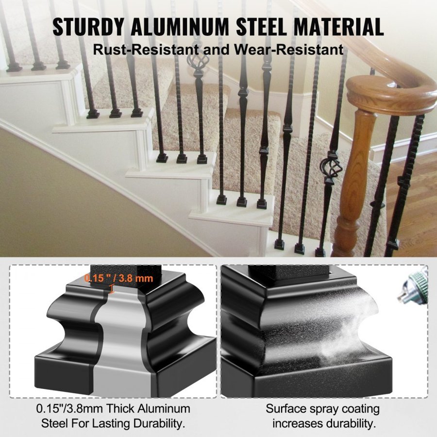 VEVOR Aluminum Alloy Baluster Shoes Stair Flat Shoe with Screw Holes for 1/2 Inch Square Scroll Basket Twist Knuckle Staircase Balusters Metal Spindle Railing, Satin Black (50 Pcs)