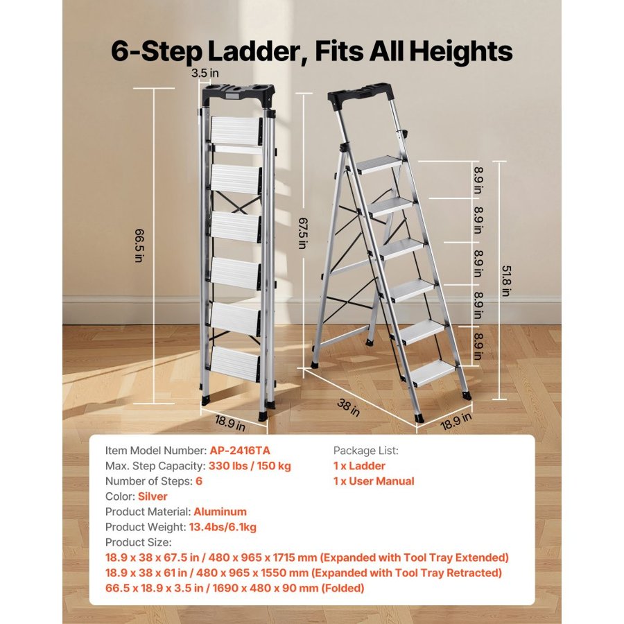 VEVOR 6 Step Ladder – Folding, 330 lbs, Aluminum, Anti-Slip