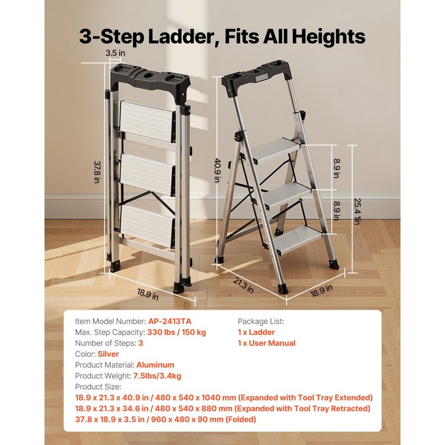 VEVOR Foldable 3 Step Ladder – Aluminum, 330 lbs Cap