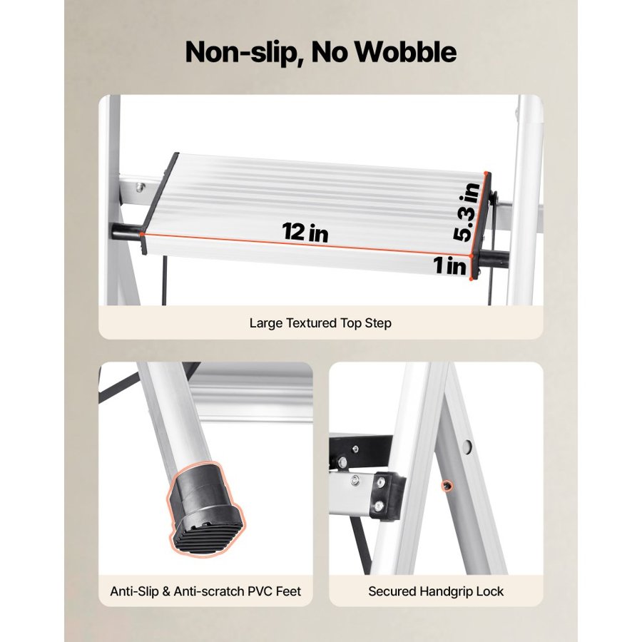 VEVOR Foldable 3 Step Ladder – Aluminum, 330 lbs Cap