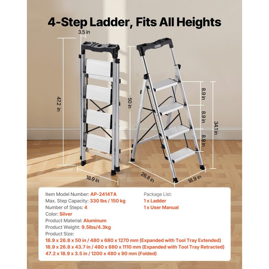VEVOR Portable Aluminum Ladder​ – 4-Step, 330 lbs, Anit Slip