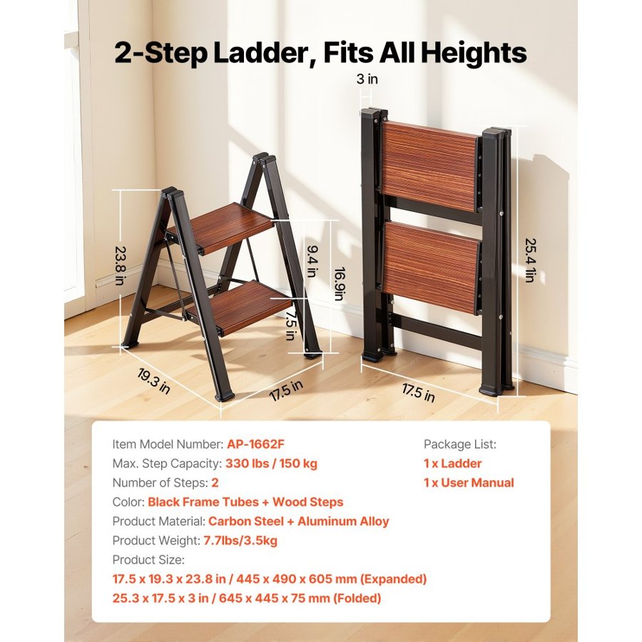 VEVOR Folding 2 Step Ladder – 330 Lbs, 17.5 x 19.3 x 23.8 in