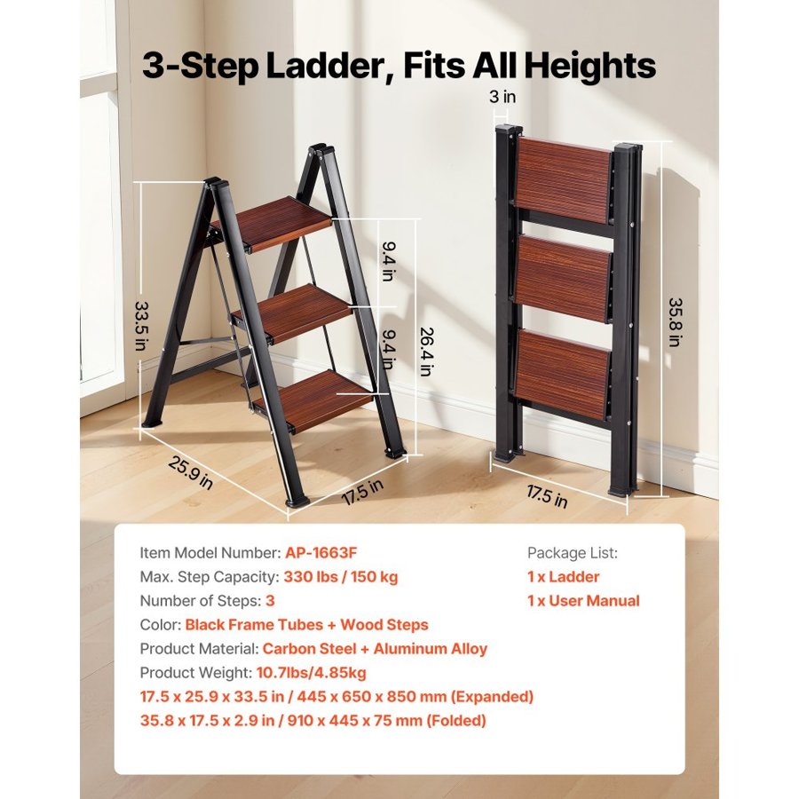 VEVOR 3 Step Aluminum Ladder – 330 lbs, Anti-Slip Pedal