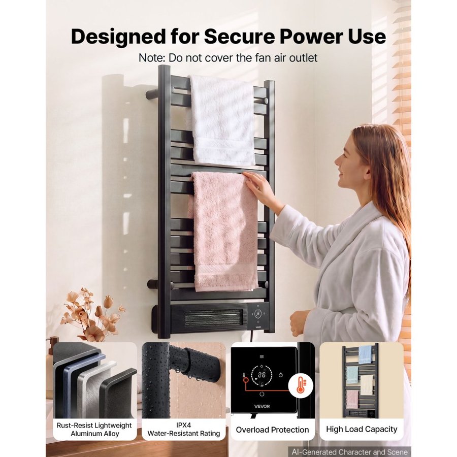 VEVOR Heated Towel Warmer Rack for Bathroom Electric Wall Mounted 11 Bars, Aluminum Alloy Towel Warmer, Remote Control & APP, with Touch Screen, 0-24 Hour Timer, 5 to 40°C Adjustable, IPX4 Waterproof