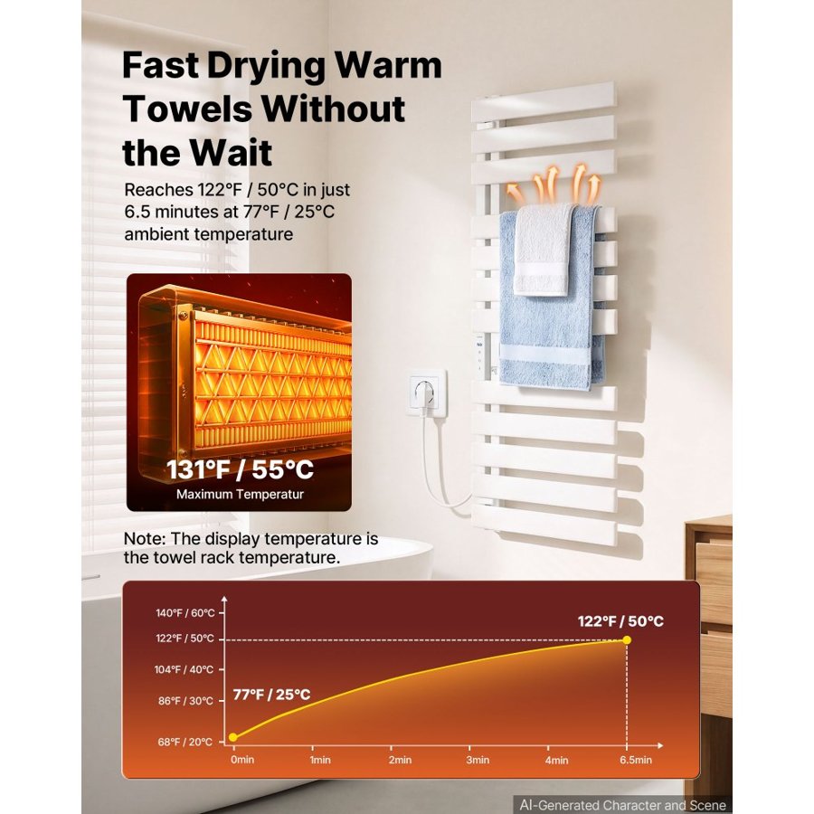 VEVOR Heated Towel Warmer Rack for Bathroom Electric Wall Mounted 12 Bars, Aluminum Alloy Towel Warmer, Overheat Protection, with Touch Screen, 1-24 Hour Timer, 0 to 55°C Adjustable, IPX4 Waterproof