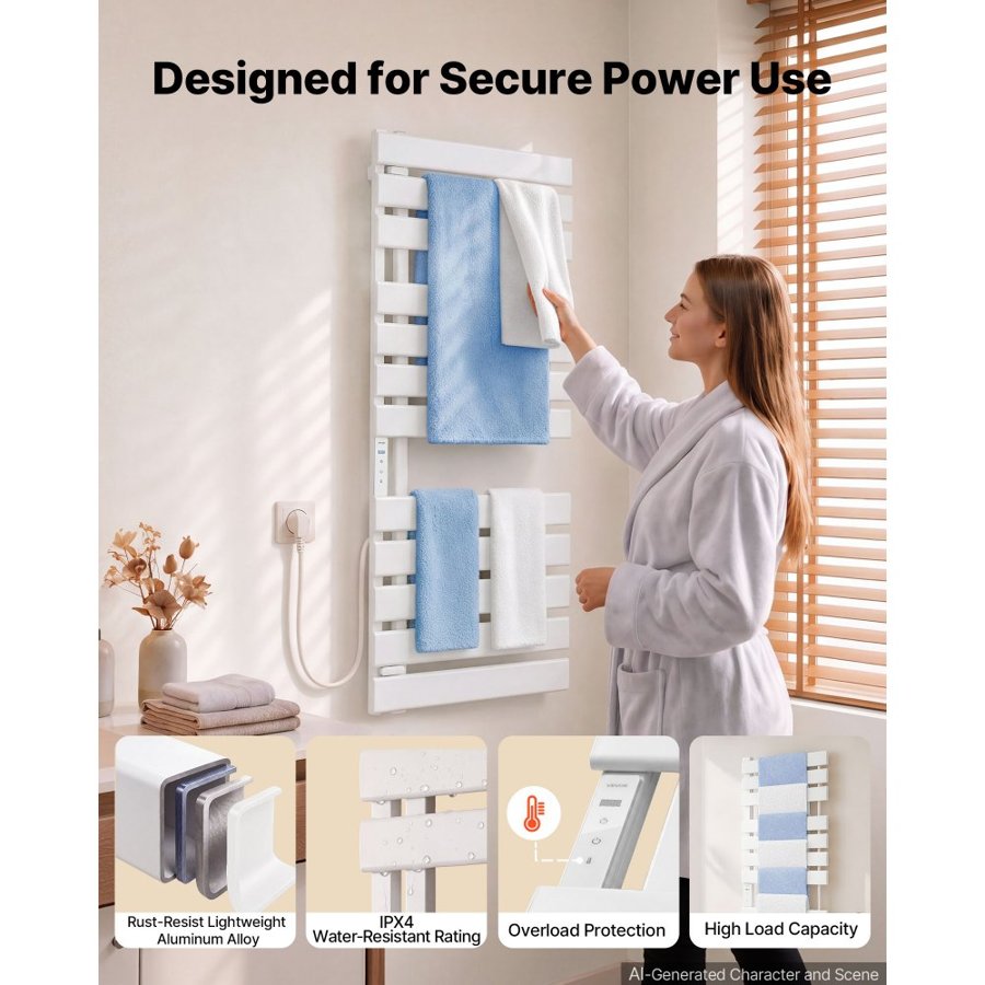 VEVOR Heated Towel Warmer Rack for Bathroom Electric Wall Mounted 12 Bars, Aluminum Alloy Towel Warmer, Overheat Protection, with Touch Screen, 1-24 Hour Timer, 0 to 55°C Adjustable, IPX4 Waterproof