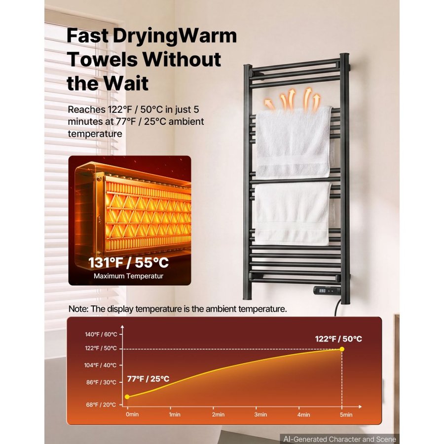 VEVOR Heated Towel Warmer Rack for Bathroom Electric Wall Mounted 18 Bars, Aluminum Alloy Towel Warmer, Overheat Protection, Heating Drying with Touch Screen, Built-In 1-8 Hour Timer, IPX4 Waterproof