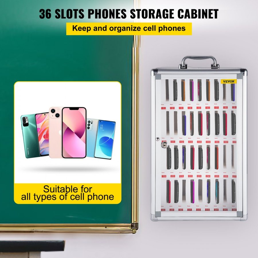 VEVOR Cell Phone Storage Cabinet, 36 Slots, Aluminum Alloy Pocket Chart Storage Locker Box with Portable Handle, Key Lock & Handwritten Tags, Wall Mounted for Classroom, Office, Gym