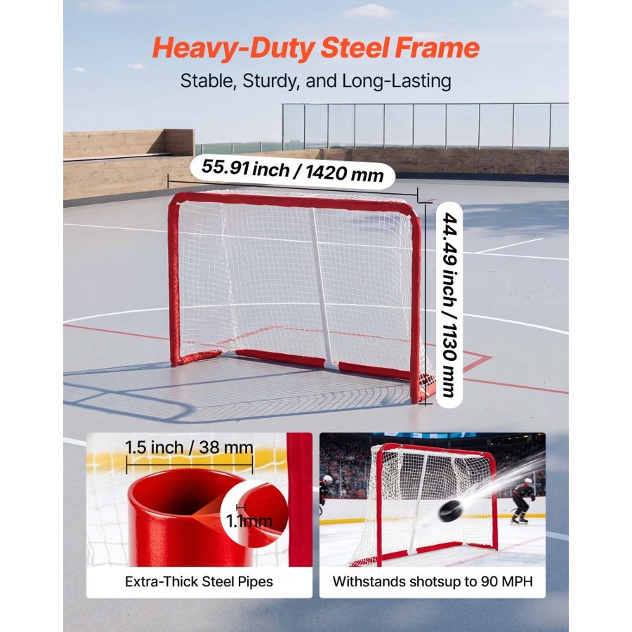 VEVOR Street Hockey Goal, Heavy-Duty Steel Street + Roller Hockey Nets, Durable Hockey Net for Indoor & Outdoor Use, Lightweight Portable Training, Easy Assembly for Backyard Park Garage, 142x113 cm