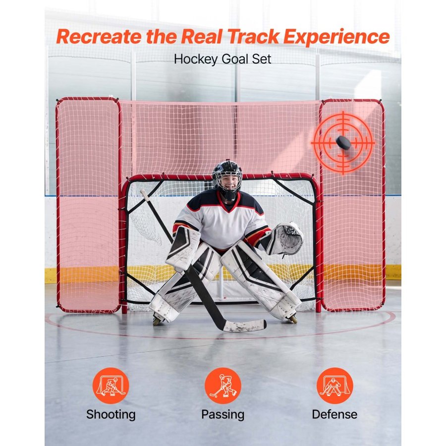 VEVOR Hockey Goal with Backstop and Targets, 307x183 cm Street Steel Hockey Goal Set, Pro Lightweight and Portable Training Equipment, Durable Net for Indoor & Outdoor Use, Easy Assembly, White/Red