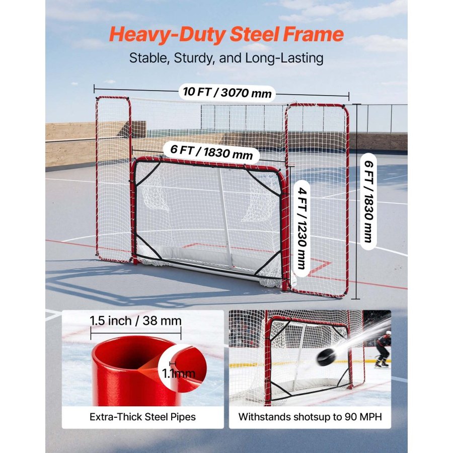 VEVOR Hockey Goal with Backstop and Targets, 307x183 cm Street Steel Hockey Goal Set, Pro Lightweight and Portable Training Equipment, Durable Net for Indoor & Outdoor Use, Easy Assembly, White/Red