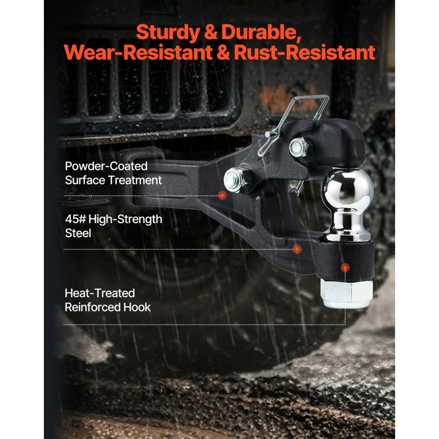 VEVOR Pintle Hook, 16000 lbs Towing Capacity, Pintle Hook Hitch for 2-inch Hitch Hook Military Receiver, Combination 2-inch Hitch Ball, Fits 2.5 to 3-inch Lunette Ring, Black Powder Coat, for Trailers