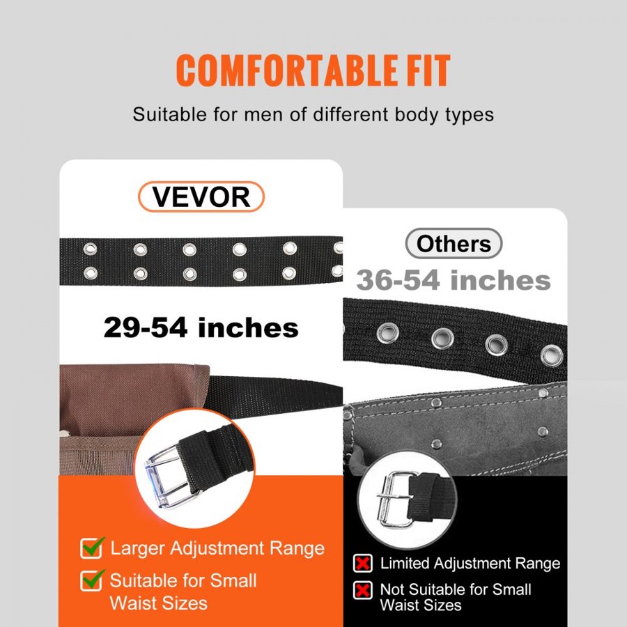 VEVOR Tool Belt, 13 Pockets, Adjusts from 29 Inches to 54 Inches, Polyester Heavy Duty Tool Pouch Bag, Detachable Tool Bag for Electrician, Carpenter, Handyman, Woodworker, Construction, Framer, Brown