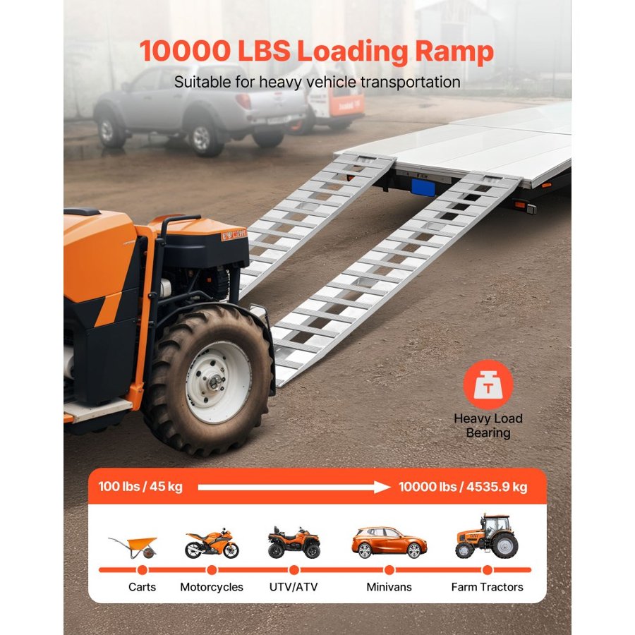 VEVOR Loading Ramps, 2 Pcs 2745 x 380 mm, Durable Aluminum and Heavy-Duty Trailer Ramp Set with Anti-Slip Plates, 4535.9 kg Combined Capacity, for Carts, Farm Tractors, ATVs, Lawn Mowers, Motorcycles