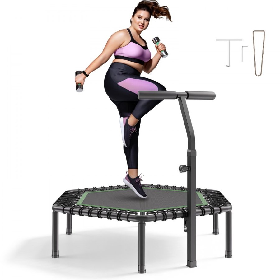 VEVOR 1385 mm Mini Trampoline, 205 kg Max Load Fitness Rebounder, Stable & Quiet Small Trampoline with 3 Levels Height Adjustable & Foam Handle, Exercise Rebounder for Adults Indoor/Garden Workout