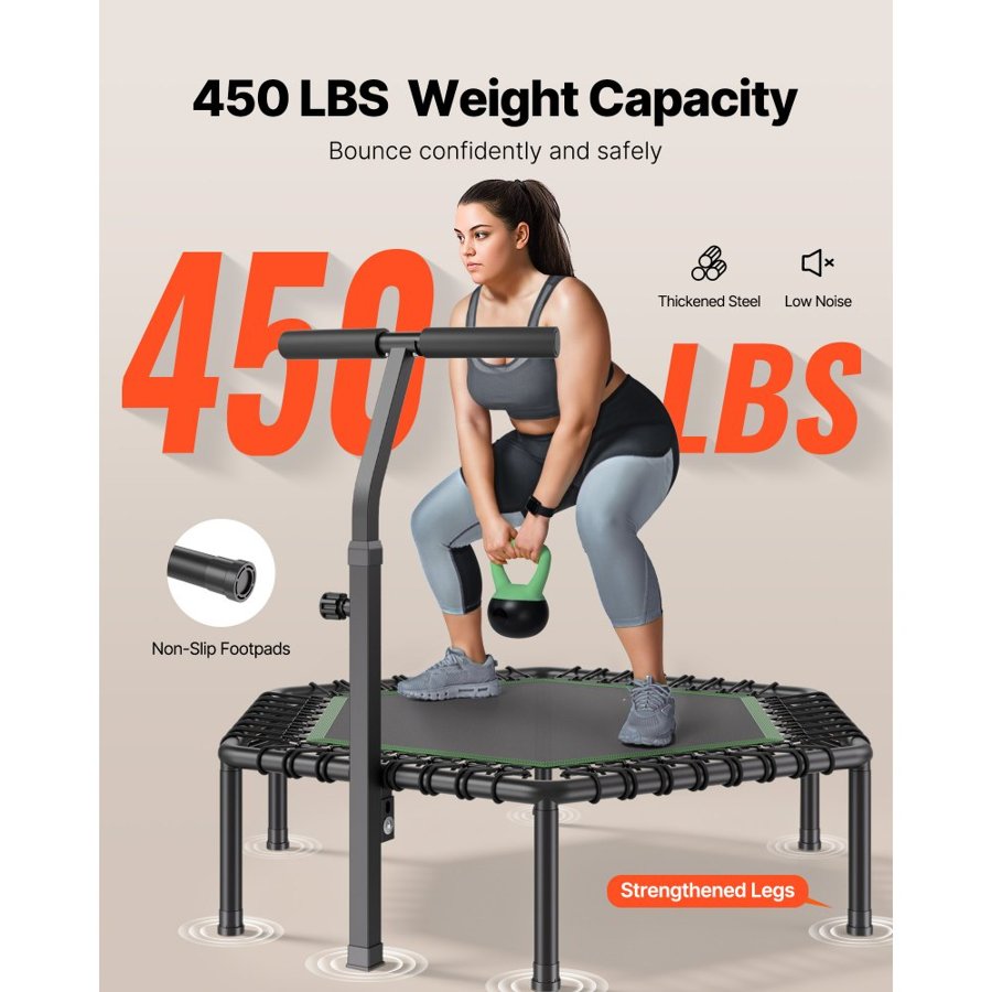 VEVOR 1385 mm Mini Trampoline, 205 kg Max Load Fitness Rebounder, Stable & Quiet Small Trampoline with 3 Levels Height Adjustable & Foam Handle, Exercise Rebounder for Adults Indoor/Garden Workout