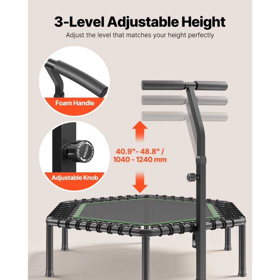 VEVOR 1385 mm Mini Trampoline, 205 kg Max Load Fitness Rebounder, Stable & Quiet Small Trampoline with 3 Levels Height Adjustable & Foam Handle, Exercise Rebounder for Adults Indoor/Garden Workout