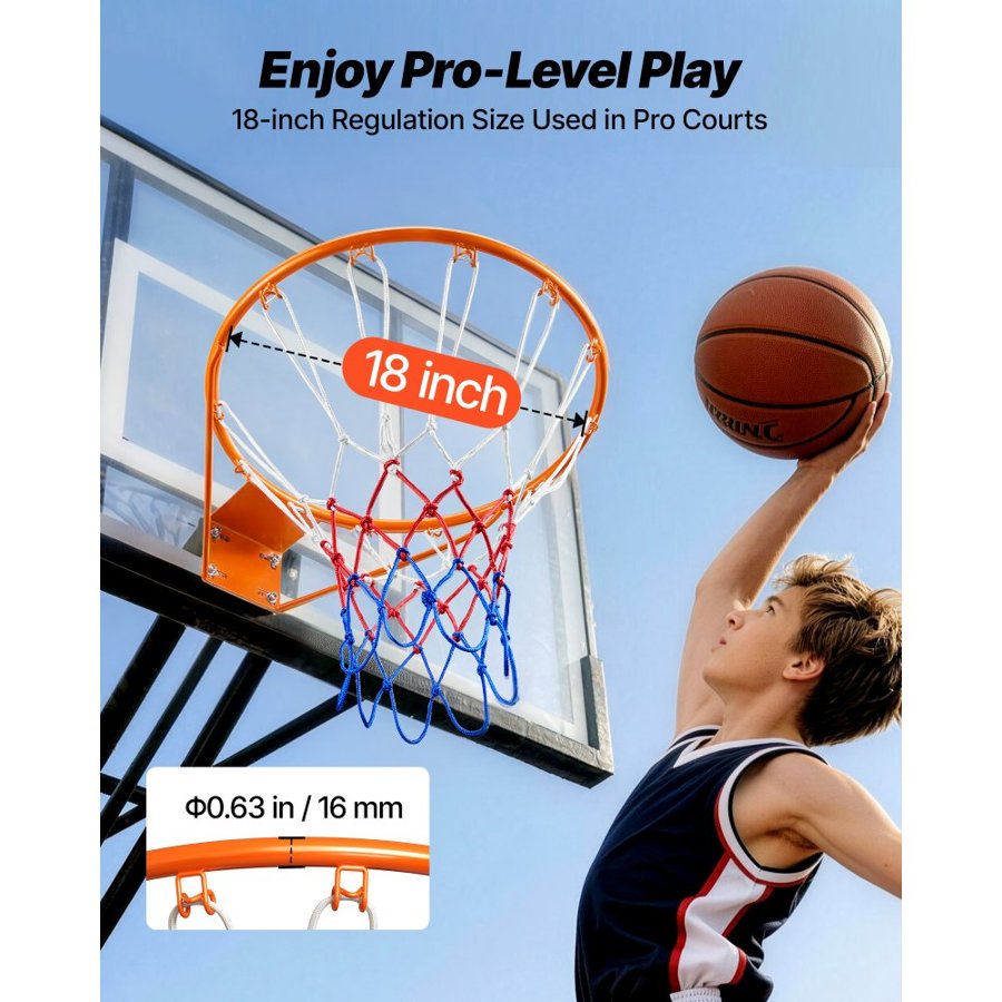 VEVOR Basketball Rim, Wall Door Mounted Basketball Hoop, Heavy Duty Q235 Basketball Flex Rim Goal Replacement with Net, Standard 18" Indoor and Outdoor Hanging Basketball Hoop for Kids Adults