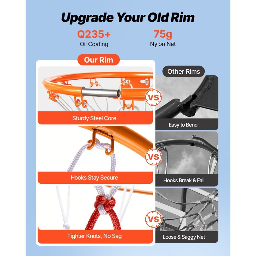 VEVOR Basketball Rim, Wall Door Mounted Basketball Hoop, Heavy Duty Q235 Basketball Flex Rim Goal Replacement with Net, Standard 18" Indoor and Outdoor Hanging Basketball Hoop for Kids Adults