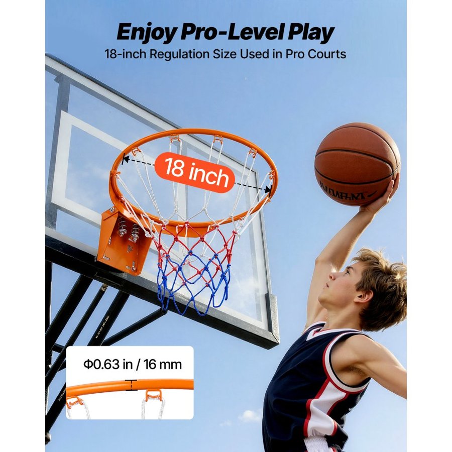 VEVOR Basketball Rim, Wall Door Mounted Basketball Hoop, Heavy Duty Q235 Basketball Flex Rim Goal Replacement with Net, Standard 18" Indoor and Outdoor Hanging Basketball Hoop for Kids Adults