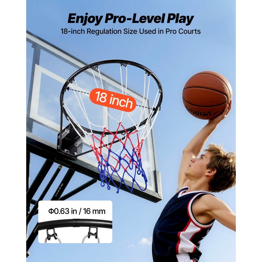 VEVOR Basketball Rim, Wall Door Mounted Basketball Hoop, Heavy Duty Q235 Basketball Flex Rim Goal Replacement with Net and Double Spring, Standard 18" Indoor Outdoor Hanging Hoop for Kids Adults