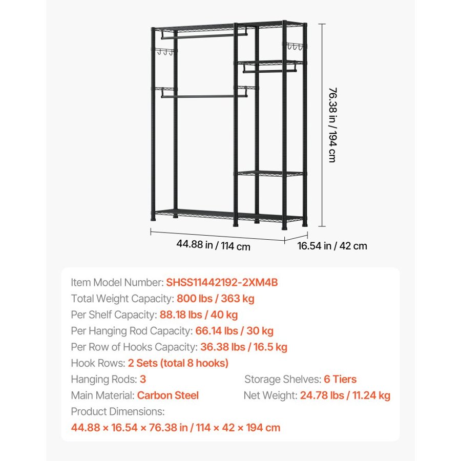 VEVOR Heavy Duty Clothing Garment Rack – 6 Tiers, 800 LBS