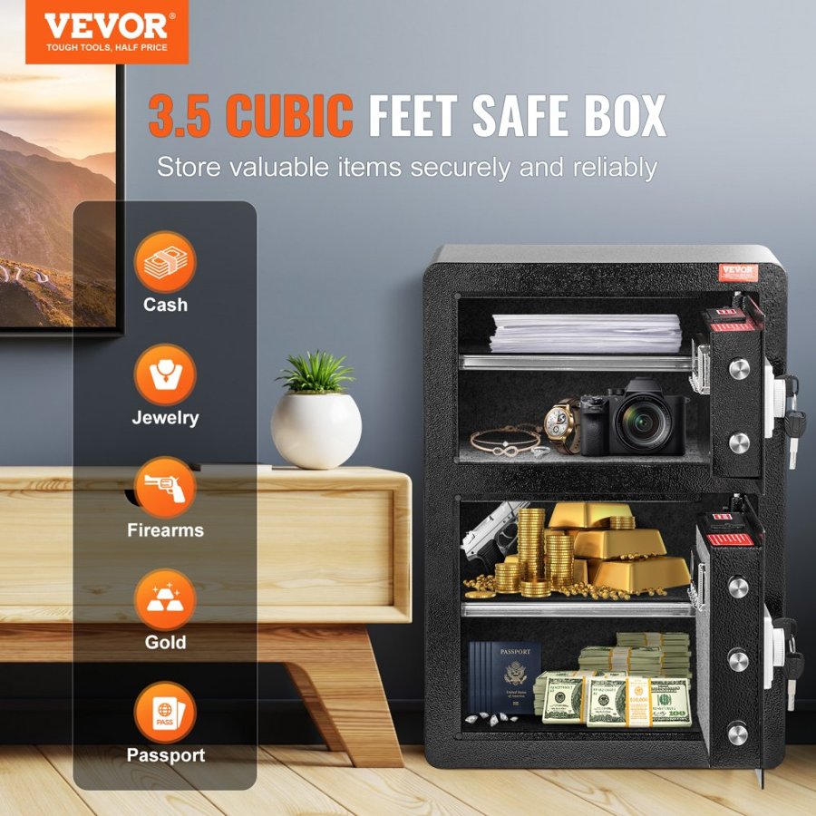VEVOR Double Doors 3.5 cu.ft Safe Box with Key Lock & Password, Safe Lock Box with Fireproof Bag, Key Rack, LED Light and 2 Height Adjustable and Removable Divider for Money, Documents, Jewelry and Valuables, Black