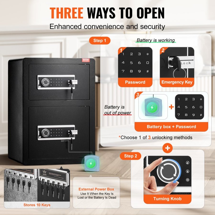 VEVOR Double Doors 3.5 cu.ft Safe Box with Key Lock & Password, Safe Lock Box with Fireproof Bag, Key Rack, LED Light and 2 Height Adjustable and Removable Divider for Money, Documents, Jewelry and Valuables, Black