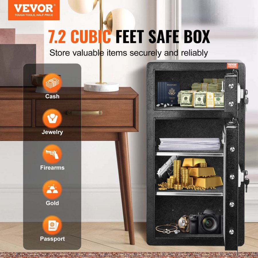VEVOR Double Doors 7.2 cu.ft Safe Box with Key Lock & Password, Safe Lock Box with Fireproof Bag, Key Rack, LED Light and 2 Height Adjustable and Removable Divider for Money, Documents, Jewelry and Valuables, Black