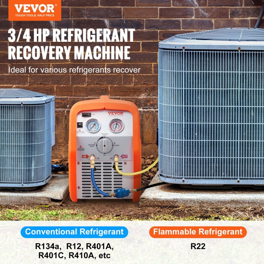 VEVOR Portable 3/4 HP Refrigerant Recovery Machine - AC Recovery Machine with High Pressure Protection 220-240V 60Hz Recovery Machine HVAC for Vapor Liquid Refrigerant, Car Air Conditioning